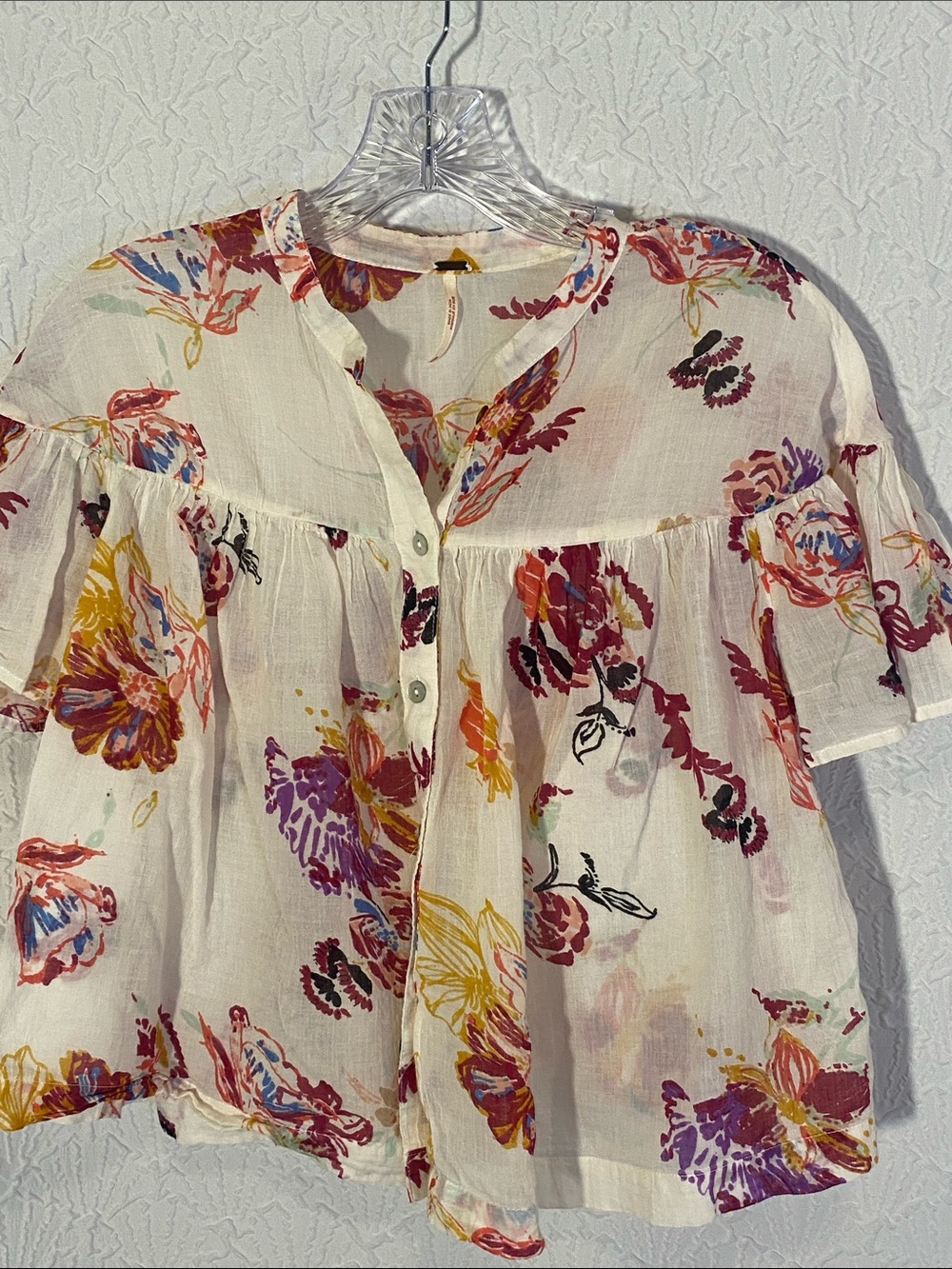 Free People Cream Floral Button-Up Babydoll Blouse